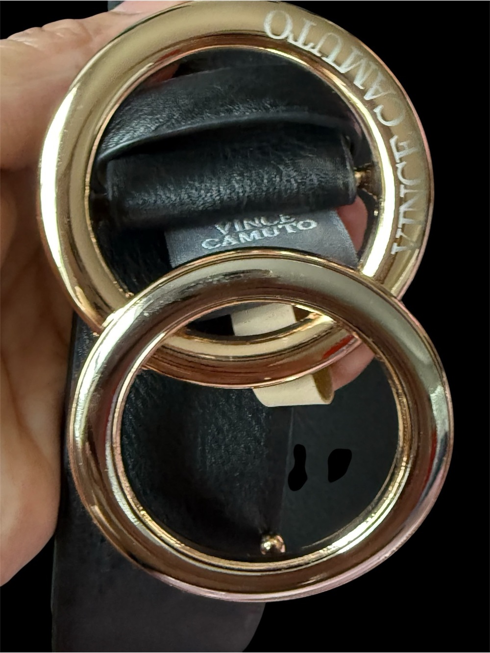 Vince Camuto Black Leather Belt with Gold Double Ring Buckles